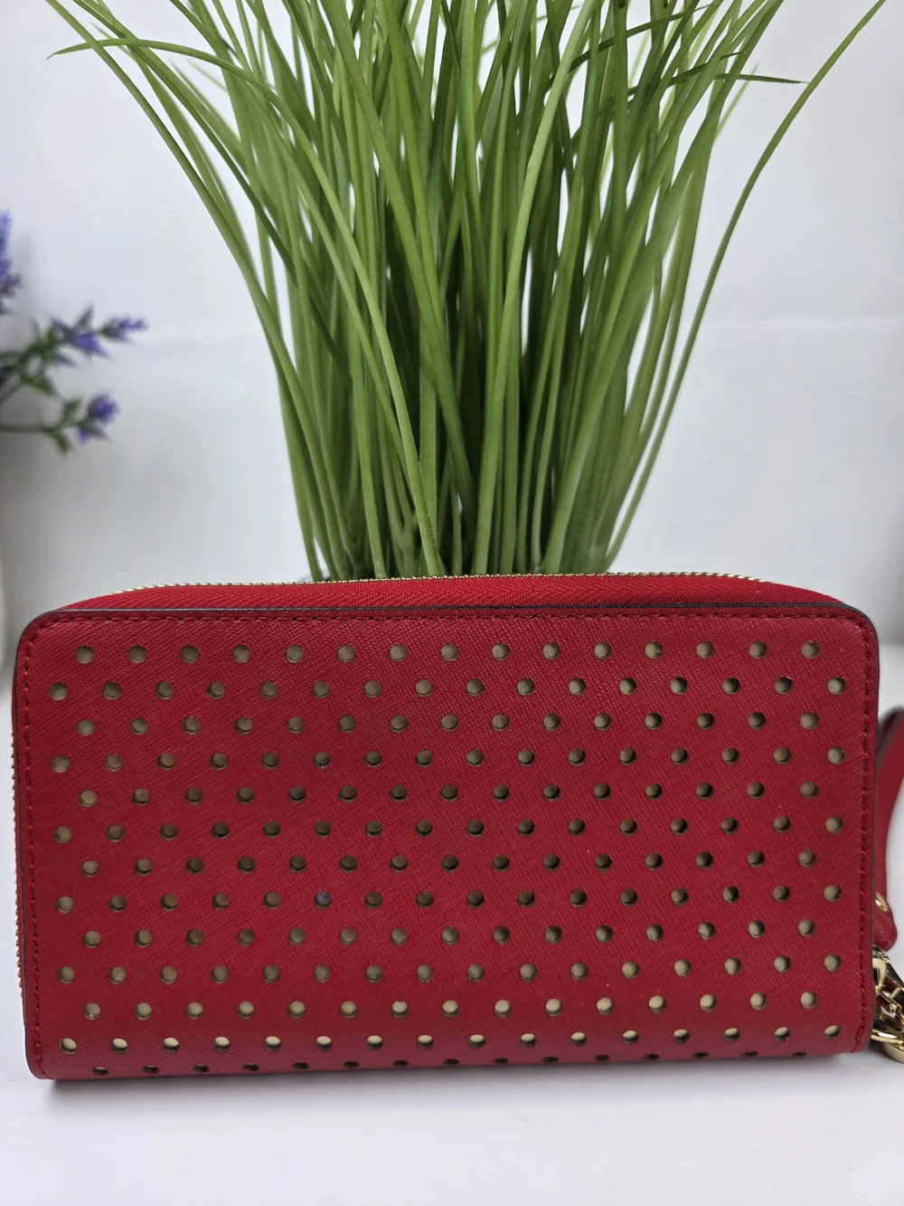 Michael Kors Red Perforated Zip Wristlet Wallet